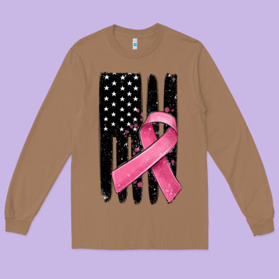 Breast Cancer Ribbon American Flag Long Sleeve Tee Designed By Maliassmallbusiness