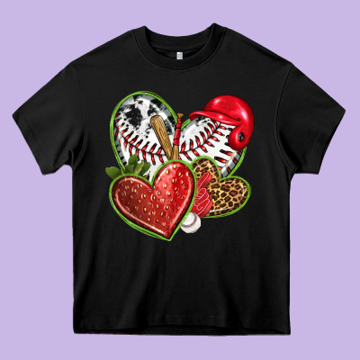 Baseball With Strawberry Hearts Heavy Core Tee Designed By Texasbilliewilder