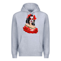 Heather Grey Mexicana Skull Girl with Roses Premium Hoodie - texasbilliewilder