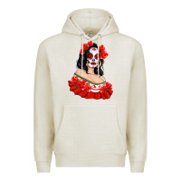 Oatmeal Heather Mexicana Skull Girl with Roses Premium Hoodie - texasbilliewilder