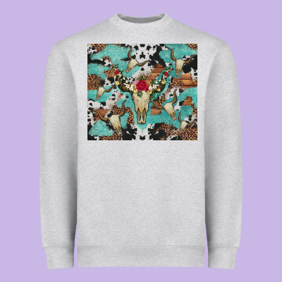 Bull Skull Flowers Cowhides And Leopard Heavyweight Sweatshirt Designed By Artiststas