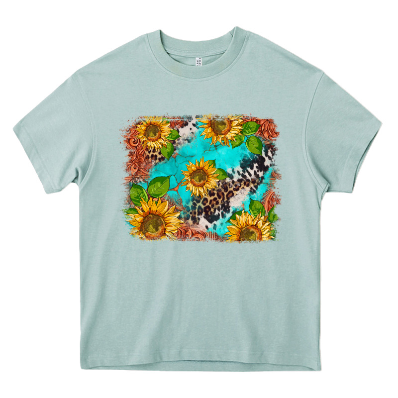 Western Sunflowers Turquoise Cowhide  Tooled Leather Heavy Core Tee by BarkalooDesign | Teevron