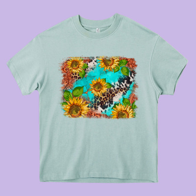 Western Sunflowers Turquoise Cowhide  Tooled Leather Heavy Core Tee Designed By Barkaloodesign
