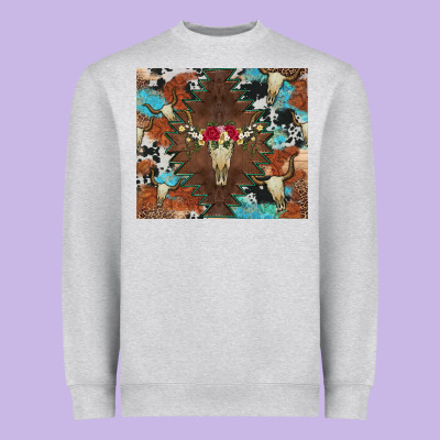Western Floral Bullskull Cowhide And Leopard Heavyweight Sweatshirt Designed By Artiststas