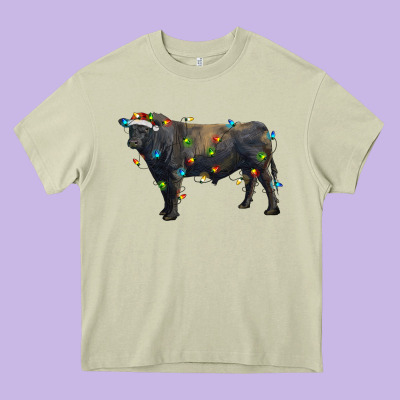Christmas Black Angus Bull With Christmas Lights Heavy Core Tee Designed By Ranaportraitstore