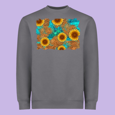 Sunflower Turquoise And  Leather Background Heavyweight Sweatshirt Designed By Artiststas