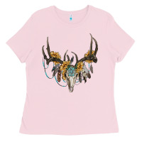 Bubblegum Pink Boho Deer Skull Sunflowers And Gemstone Ladies Tee - RanaPortraitStore
