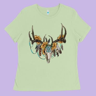 Boho Deer Skull Sunflowers And Gemstone Ladies Tee Designed By Ranaportraitstore