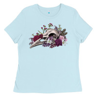 Baby Blue Boho floral raven skull Ladies Tee - RanaPortraitStore