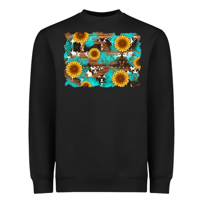 Sunflower And Cowhides With Wood And Turquoise Background Heavyweight Sweatshirt by Artiststas | Teevron