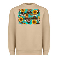 Mushroom sunflower and cowhides with wood and turquoise background Heavyweight Sweatshirt - Artiststas