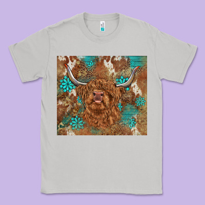 Highland Cow Turquoise Gemstones Western Patterns Classic Tee Designed By Barkaloodesign