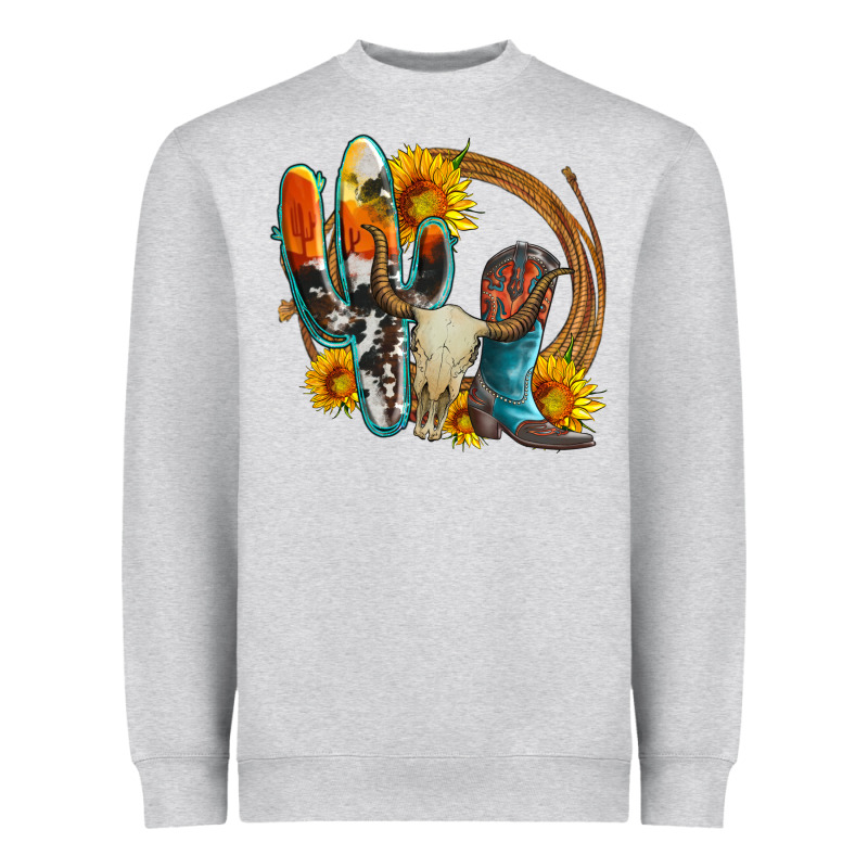 Western Cactus Bullskull And Boots With Sunflowers And Serape Leopard Heavyweight Sweatshirt by Artiststas | Teevron