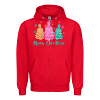 Red merry christmas glitter trees Zipper Hoodie - MaliasSmallBusiness