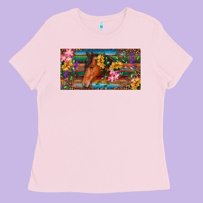 Ladies Tee Brown horse with flowers and leopard