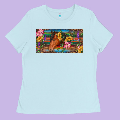 Ladies Tee Brown horse with flowers and leopard