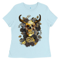 Baby Blue Bull Human Skull With Gold Roses Ladies Tee - RanaPortraitStore