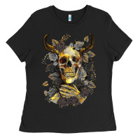 Black Bull Human Skull With Gold Roses Ladies Tee - RanaPortraitStore