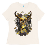 Bull Human Skull With Gold Roses Ladies Tee | Teevron