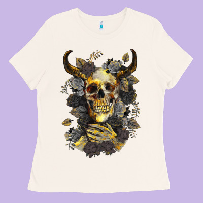 Ladies Tee Bull Human Skull With Gold Roses