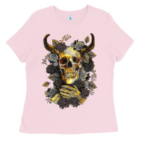 Bubblegum Pink Bull Human Skull With Gold Roses Ladies Tee - RanaPortraitStore