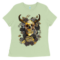 Matcha Bull Human Skull With Gold Roses Ladies Tee - RanaPortraitStore
