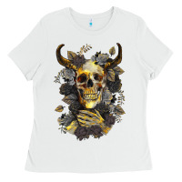 White Bull Human Skull With Gold Roses Ladies Tee - RanaPortraitStore