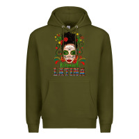 Army Green Proud Latina Skull Girl Messy Bun Premium Hoodie - texasbilliewilder