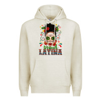 Oatmeal Heather Proud Latina Skull Girl Messy Bun Premium Hoodie - texasbilliewilder