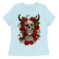 Baby Blue Bull Human Skull With Roses Ladies Tee - RanaPortraitStore