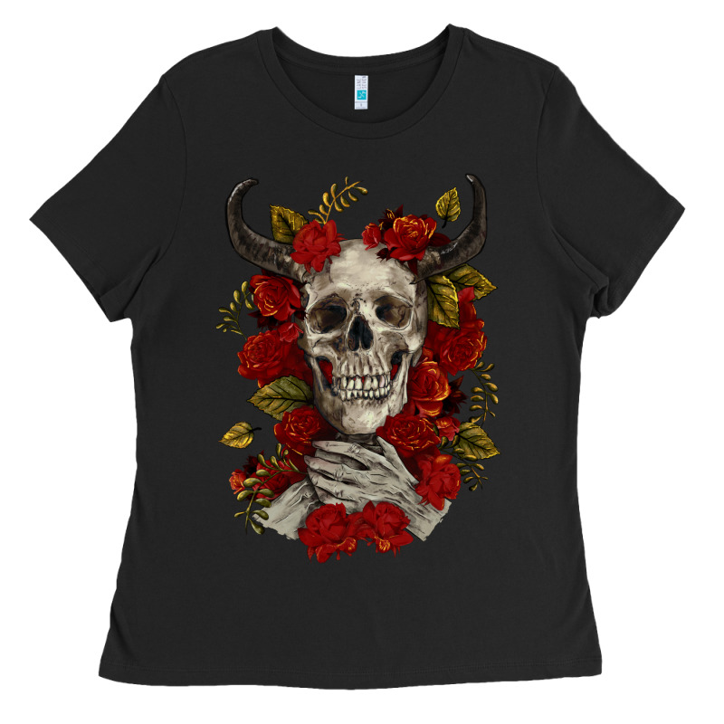 Bull Human Skull With Roses Ladies Tee by RanaPortraitStore | Teevron