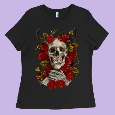 Ladies Tee Bull Human Skull With Roses