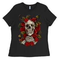 Black Bull Human Skull With Roses Ladies Tee - RanaPortraitStore