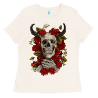Bone Bull Human Skull With Roses Ladies Tee - RanaPortraitStore