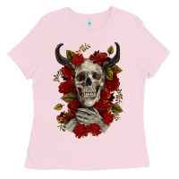 Bubblegum Pink Bull Human Skull With Roses Ladies Tee - RanaPortraitStore