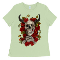 Matcha Bull Human Skull With Roses Ladies Tee - RanaPortraitStore