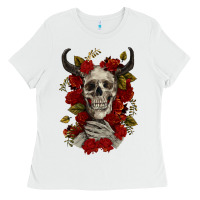 White Bull Human Skull With Roses Ladies Tee - RanaPortraitStore