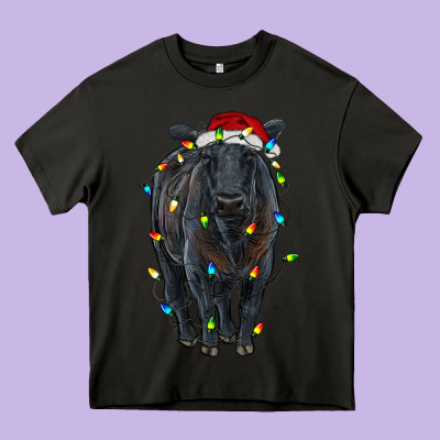Christmas Black Angus Cattle With Lights Heavy Core Tee Designed By Ranaportraitstore