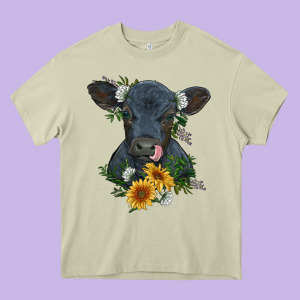 Baby Cow Black Angus Calf With Flowers Heavy Core Tee Designed By Ranaportraitstore