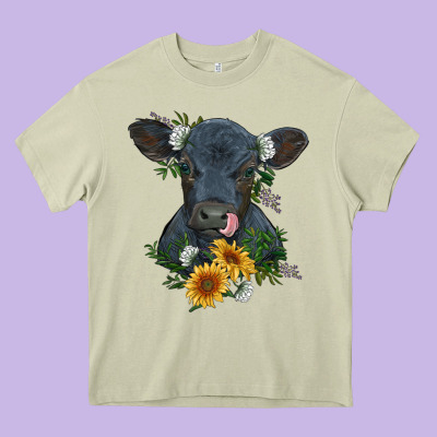 Baby Cow Black Angus Calf With Flowers Heavy Core Tee Designed By Ranaportraitstore