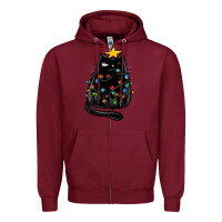 Burgundy christmas cat with lights Zipper Hoodie - MaliasSmallBusiness