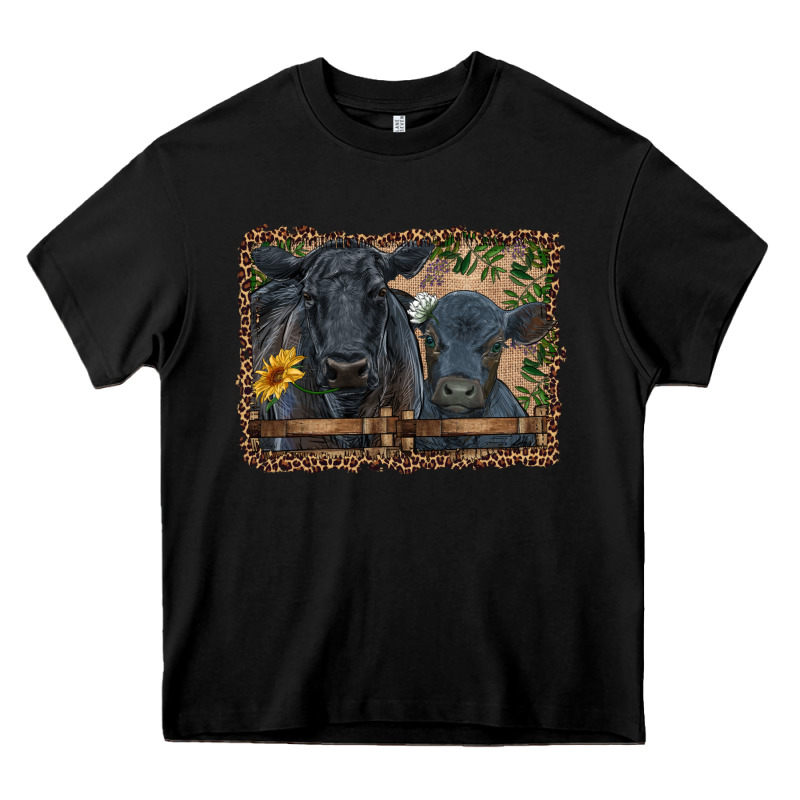 Western Black Angus Cattle And Calf With Leopard Heavy Core Tee by RanaPortraitStore | Teevron