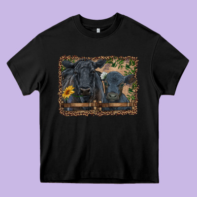 Western Black Angus Cattle And Calf With Leopard Heavy Core Tee Designed By Ranaportraitstore