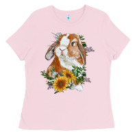 Bubblegum Pink Bunny With Sunflowers Ladies Tee - RanaPortraitStore