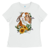 White Bunny With Sunflowers Ladies Tee - RanaPortraitStore