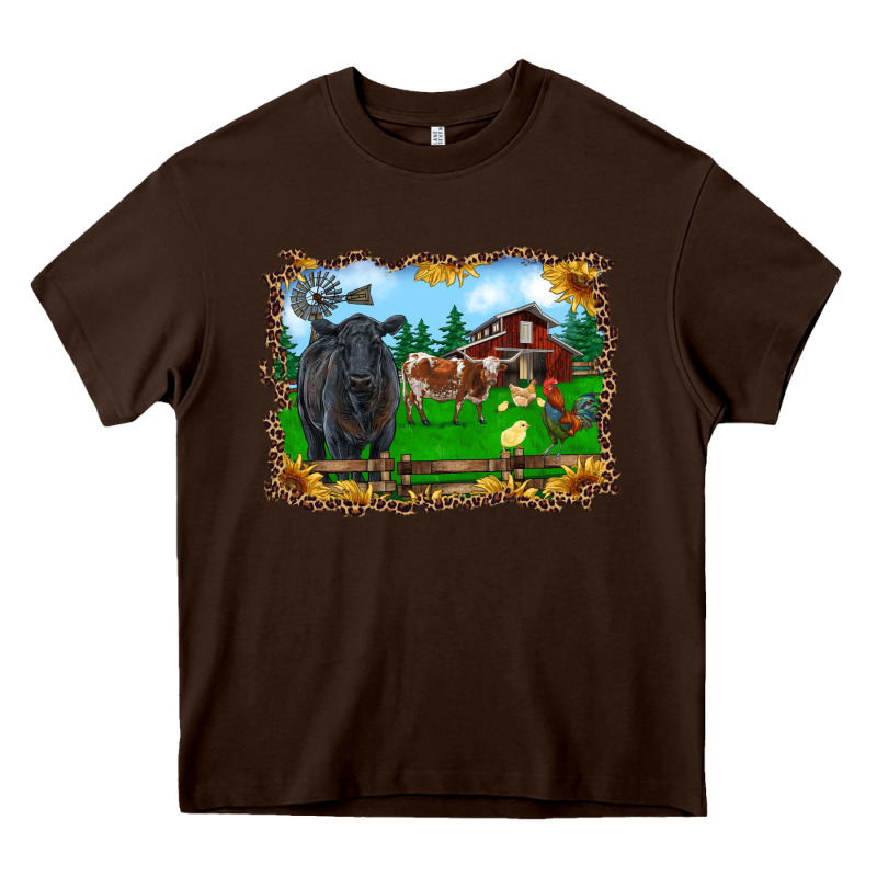 Western Barnyard Black Angus Cattle Longhorn Rooster And Chicks Heavy Core Tee by RanaPortraitStore | Teevron