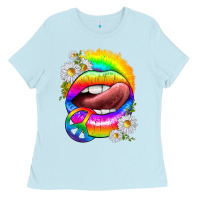 Baby Blue rainbow lips with daisies Ladies Tee - texasbilliewilder