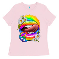 Bubblegum Pink rainbow lips with daisies Ladies Tee - texasbilliewilder