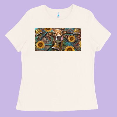Ladies Tee Cow With Aztec Leopard And Sunflower