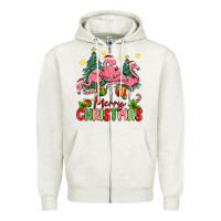 Oatmeal Heather merry christmas flamingos Zipper Hoodie - MaliasSmallBusiness